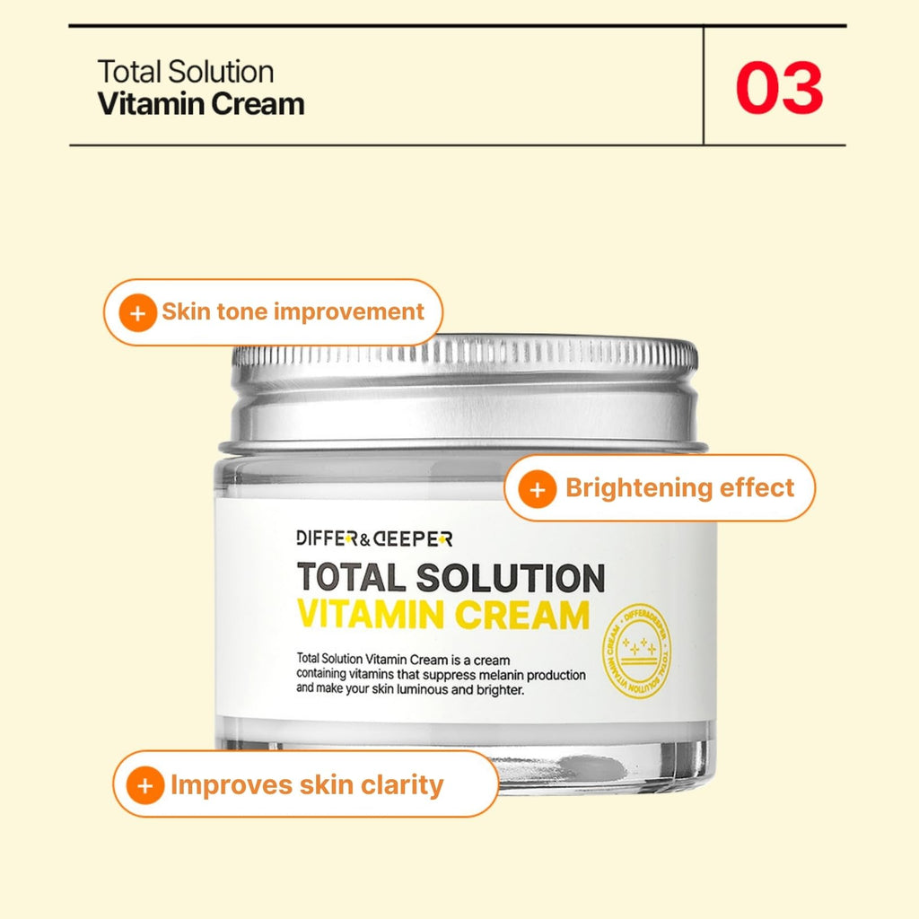 Differ & Deeper Total Solution Vitamin Cream – Brightening Moisturizer for Dull Skin, Lightweight Daily Cream with Vitamin Complex for Radiant Complexion, Korean Skincare 2.47oz