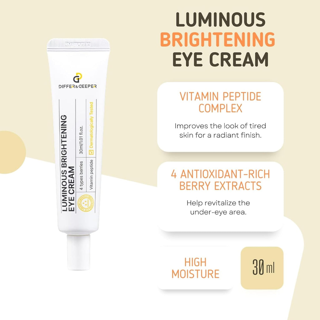Differ & Deeper Luminous Brightening Eye Cream – Eye Moisturizer for Dullness, Dark Circles & Radiant-Looking Skin | K-Beauty Skincare (30ml)
