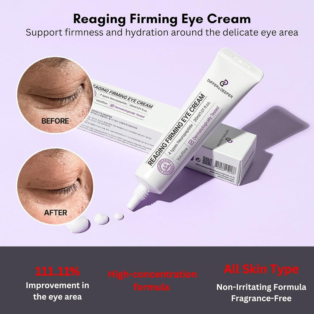 Differ & Deeper Reaging Firming Eye Cream – Lightweight Eye Treatment for Smoother, Hydrated Under Eyes | K-Beauty Skincare (30ml)