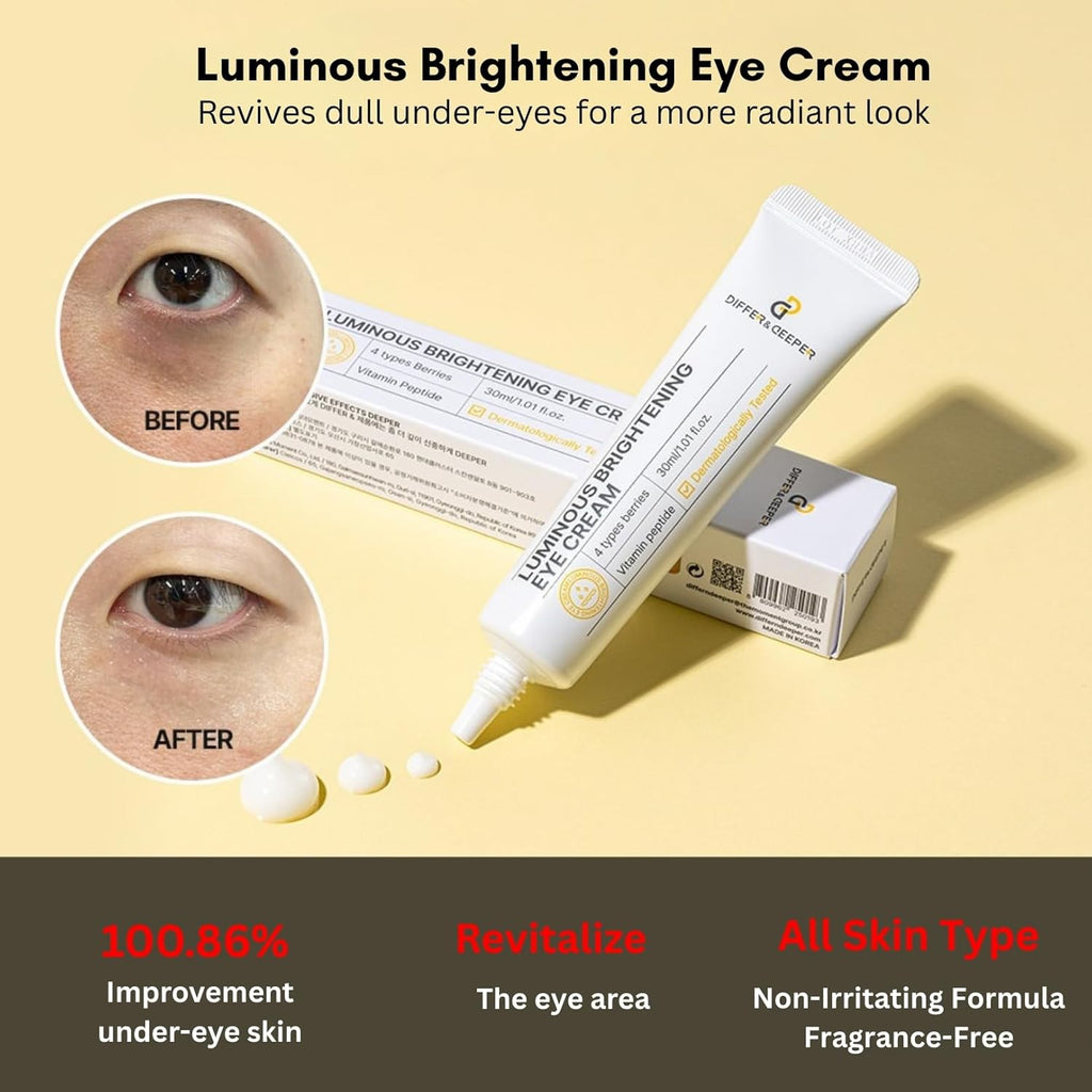 Differ & Deeper Luminous Brightening Eye Cream – Eye Moisturizer for Dullness, Dark Circles & Radiant-Looking Skin | K-Beauty Skincare (30ml)