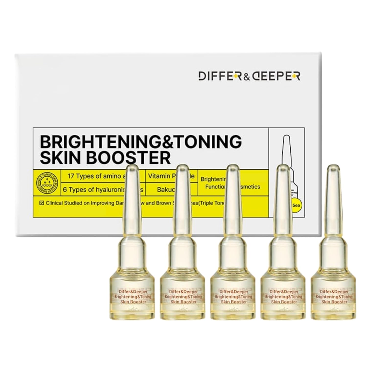 Differ & Deeper Brightening & Toning Skin Booster Starter Pack – Vitamin Peptide & Antioxidant Ampoule | Evens Skin Tone & Enhances Radiance | Fast-Absorbing Formula Korean Skincare 2ml*5