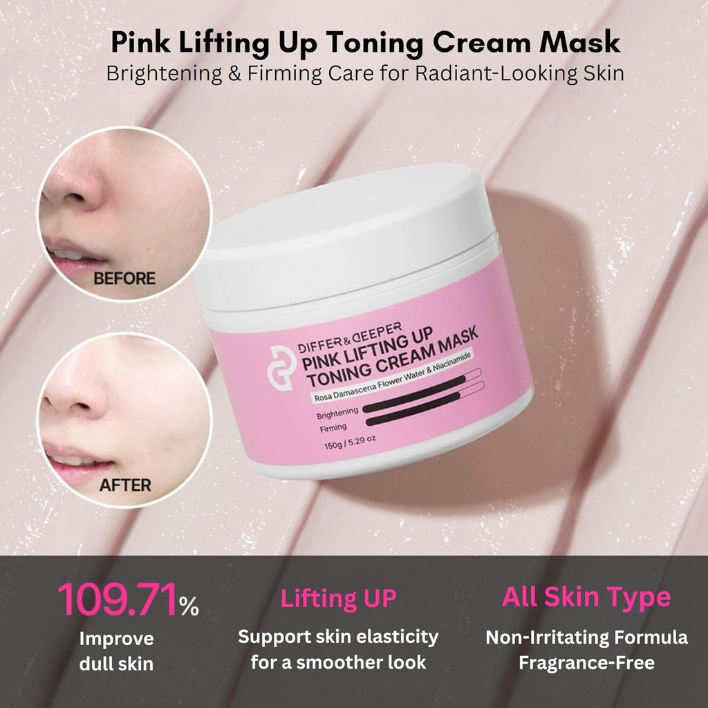 Differ & Deeper Pink Lifting Up Toning Cream Mask – Firming & Brightening Facial Mask with Rosa Damascena Water & Niacinamide for Elastic, Radiant Skin | Korean Skincare 5.29oz