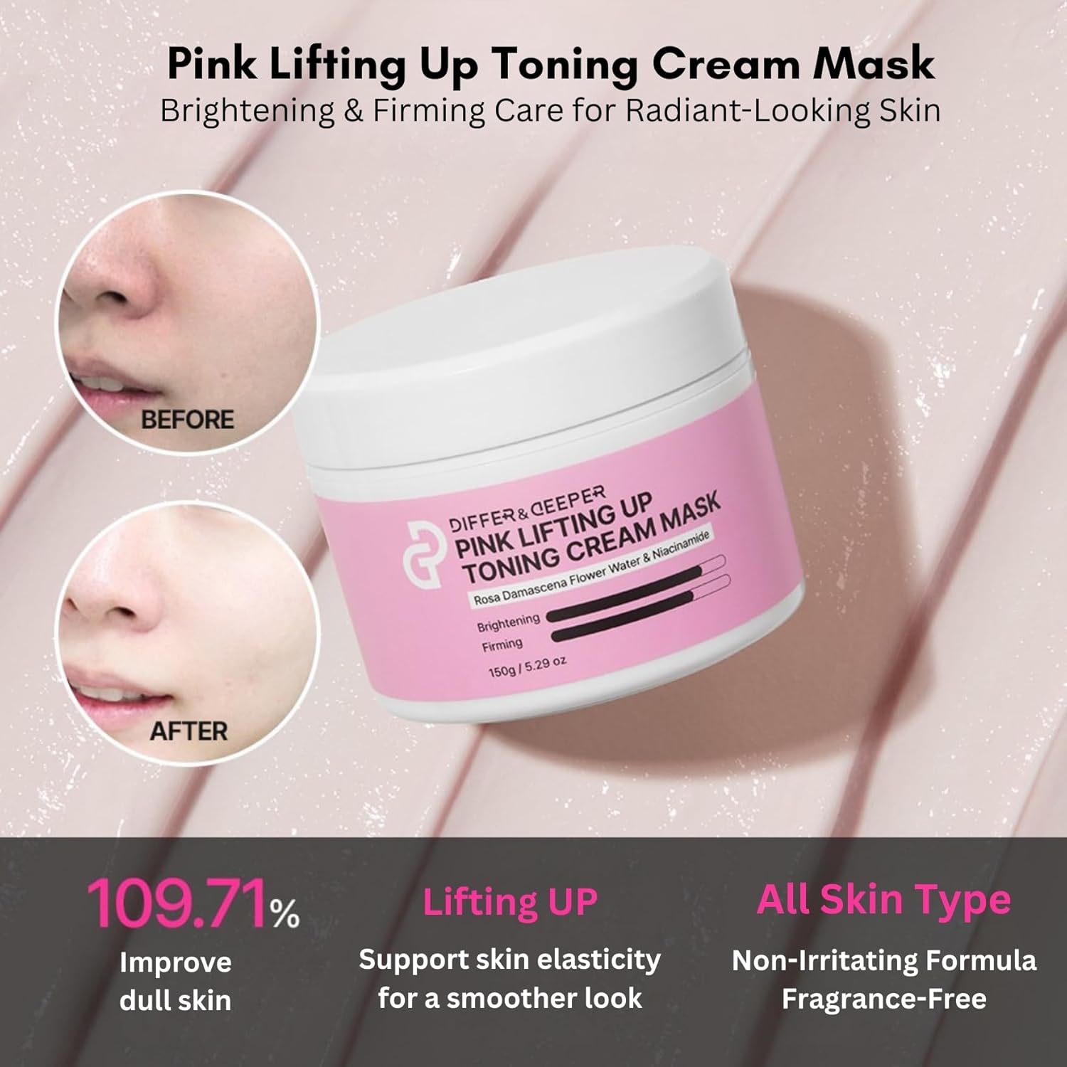 Differ & Deeper Pink Lifting Up Toning Cream Mask – Firming & Brightening Facial Mask with Rosa Damascena Water & Niacinamide for Elastic, Radiant Skin | Korean Skincare 5.29oz
