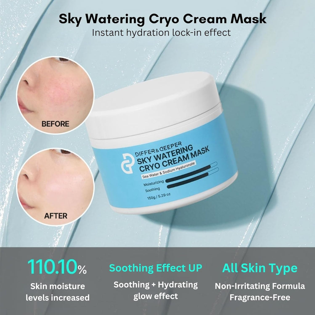 Differ & Deeper Sky Watering Cryo Cream Mask – Hydrating & Soothing Face Mask with Sea Water & Sodium Hyaluronate for Calm, Moisturized Skin | Korean Skincare 5.29oz